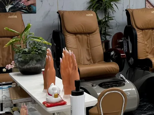 De balie met voorbeeldnagels, een plant en een gelukskatje